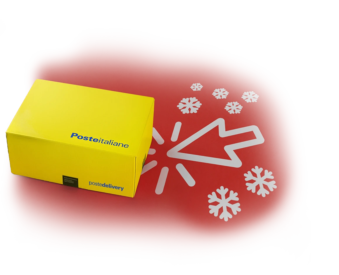 Scatola gialla con fiocco di neve bianco su sfondo rosso