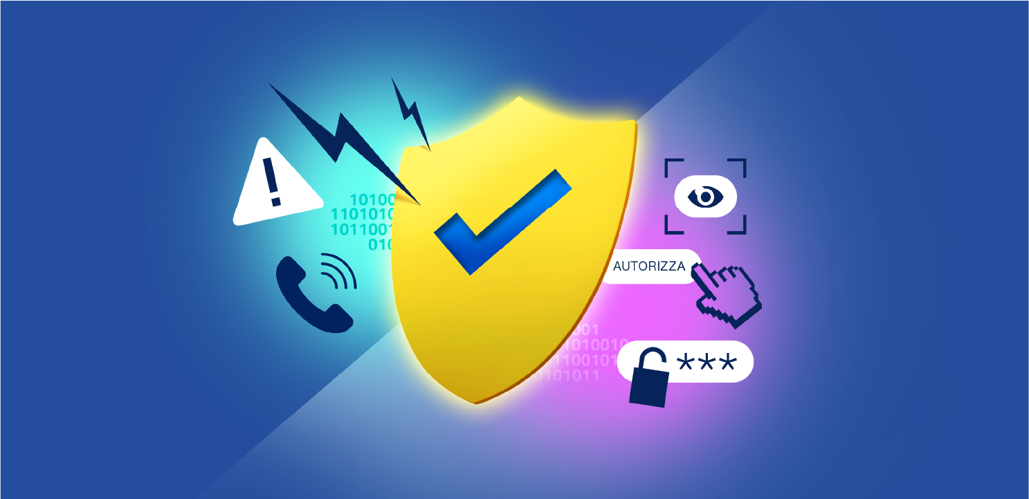 Scudo giallo con iconcine su sfondo colorato
