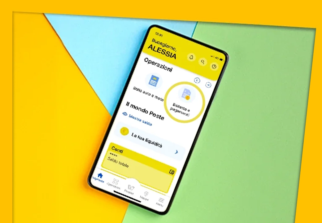 Schermata di un cellulare su sfondo giallo verde e celeste
