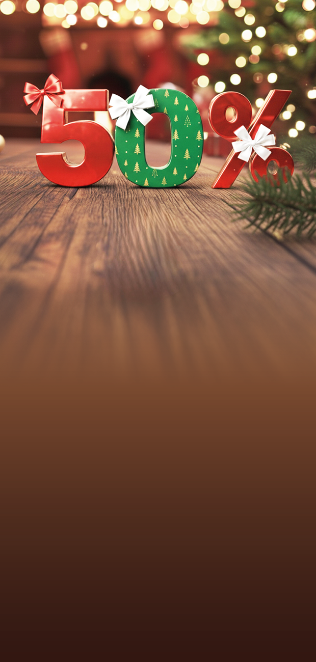 Scritta 50% con decorazioni di Natale