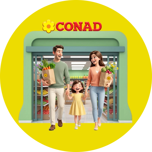 Immagine famiglia sorridente che esce da punto vendita Conad con la spesa appena fatta