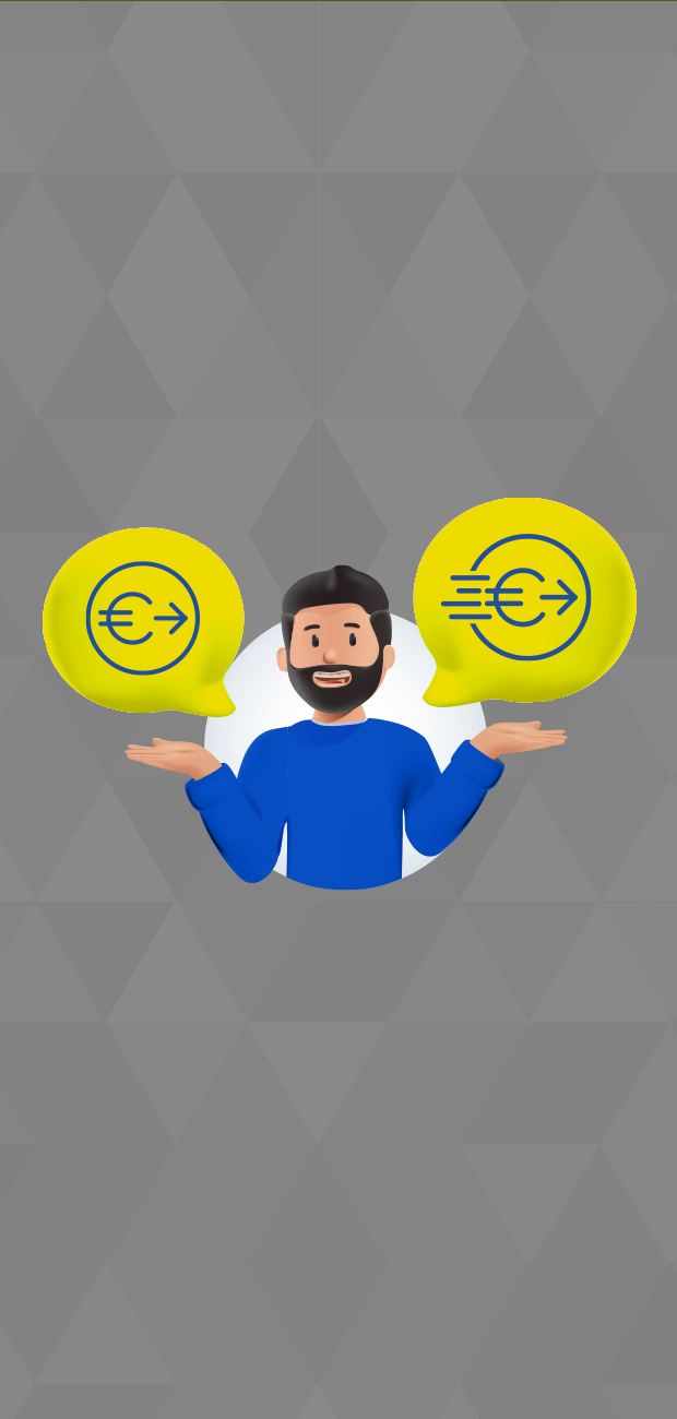 Immagine stilizzata uomo con la barba che ha in mano due simboli dell'euro che indicano il trasferimento di denaro