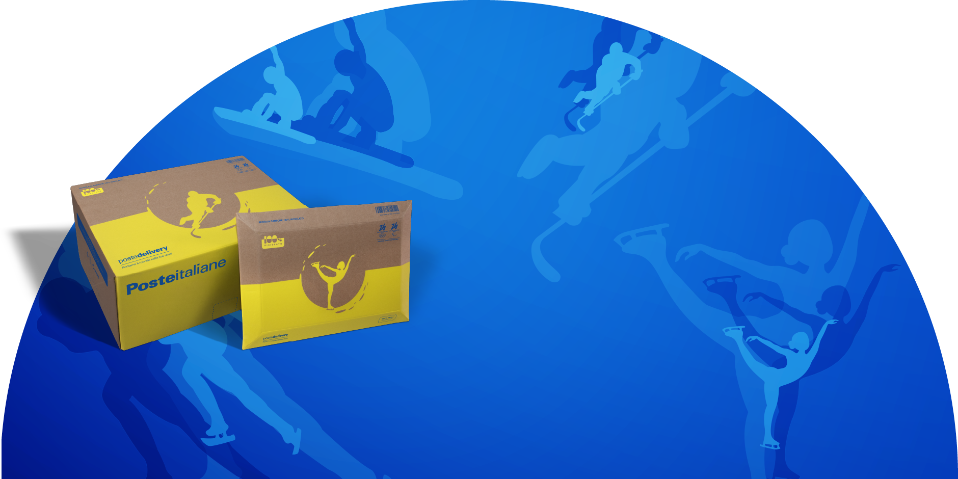 Pacco riciclato con immagini che richiamano le olimpiadi invernali su sfondo celeste