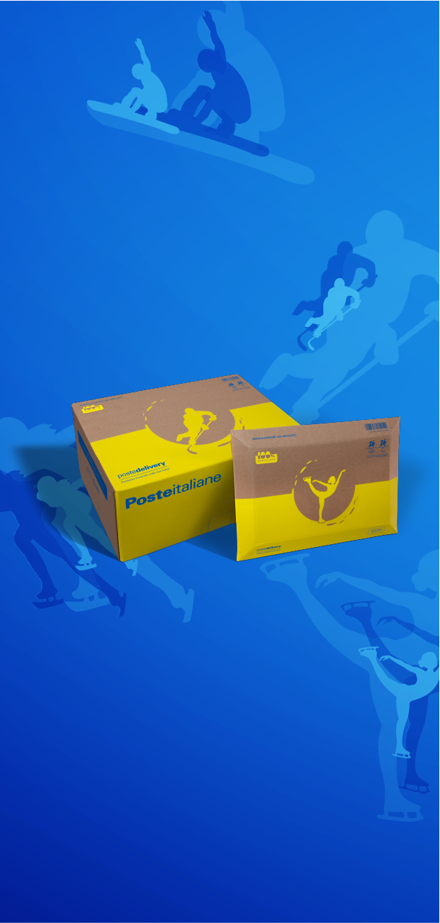 Pacci riciclati con immagini che richiamano le olimpiadi invernali su sfondo celeste