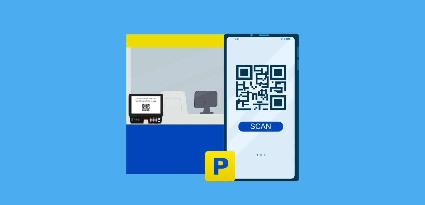 Cellulare e sportello dell'Ufficio Postale su sfondo blu