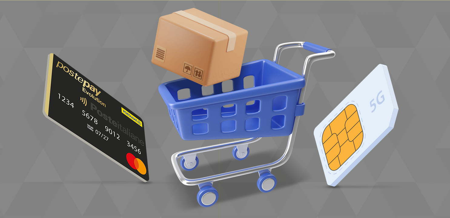 Immagine stilizzata carrello della spesa con dentro un pacco e vicino carta Postepay Evolution e SIM Postemobile