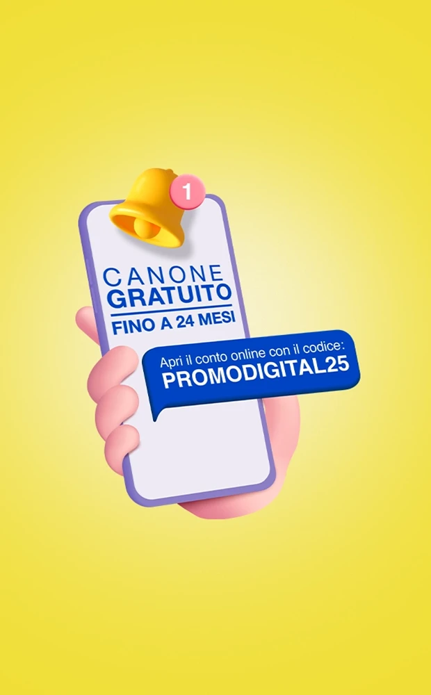 Immagine di mano che regge uno smartphone con dentro il copy della promo digital 25