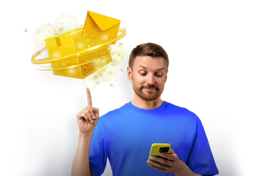 Un uomo al cellulare gestisce magicamente un pacco giallo