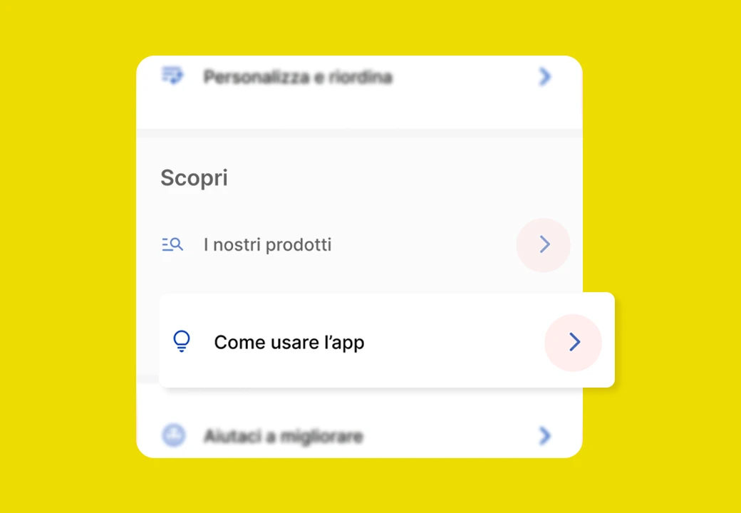Sezione dell'App Poste Italiane su sfondo giallo