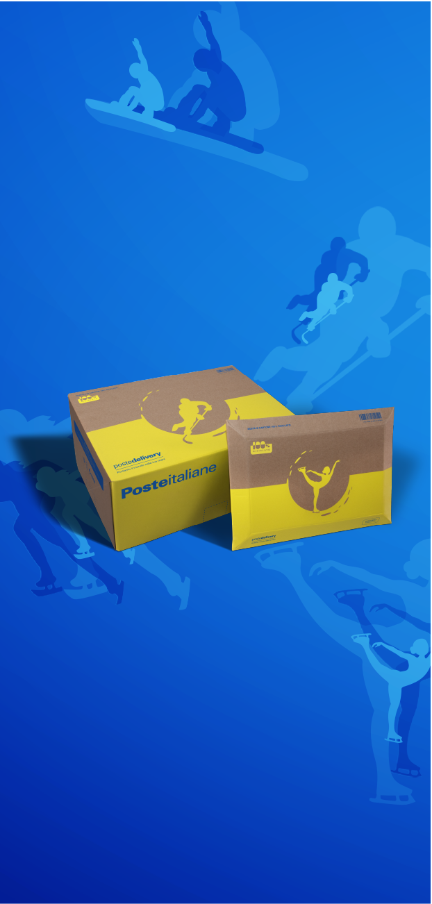 Scatole e buste gialle di Poste ispirate agli sport invernali