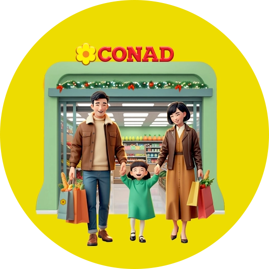 Immagine di famiglia sorridente che esce con buste della spesa da punto vendita Conad addobbato per Natale