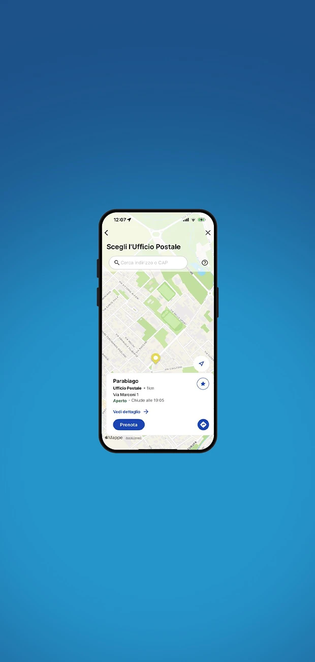 schermo dell'app poste italiane con focus sulla mappa degli uffici postali