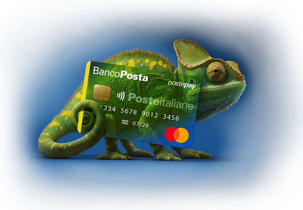 camaleonte con carta postamat mimetizzata