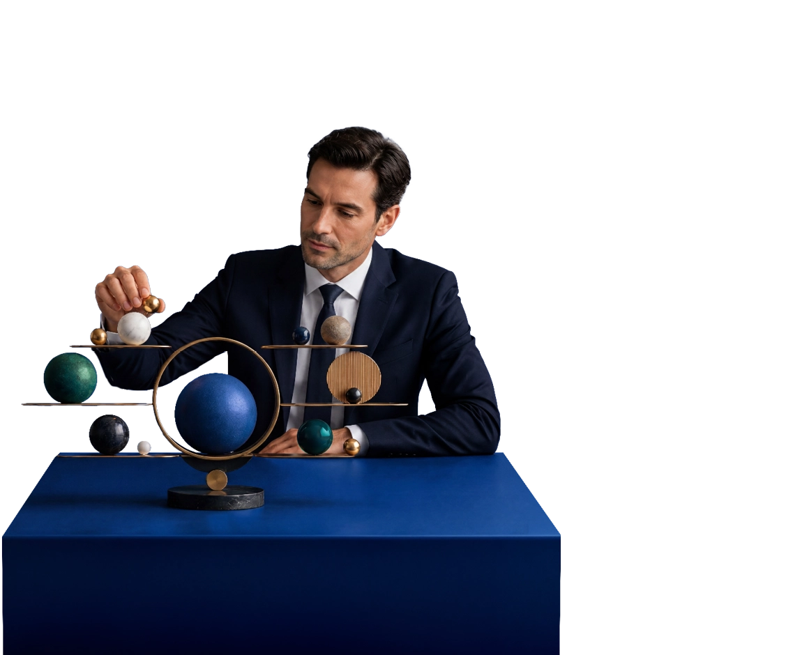 Uomo che posiziona sfere in equilibrio