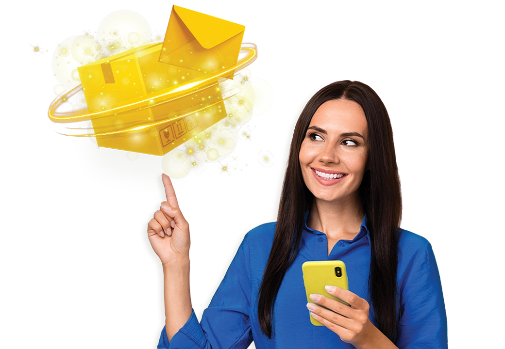 donna indica un pacco volante