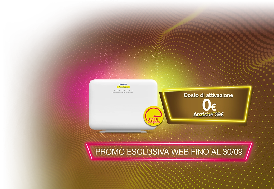 Un modem bianco con la scritta Promo esclusiva web fino al 30/09 - Costo di attivazione 0€ anziché 39€