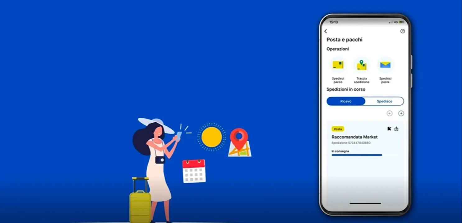 Donna con valigia su sfondo blu