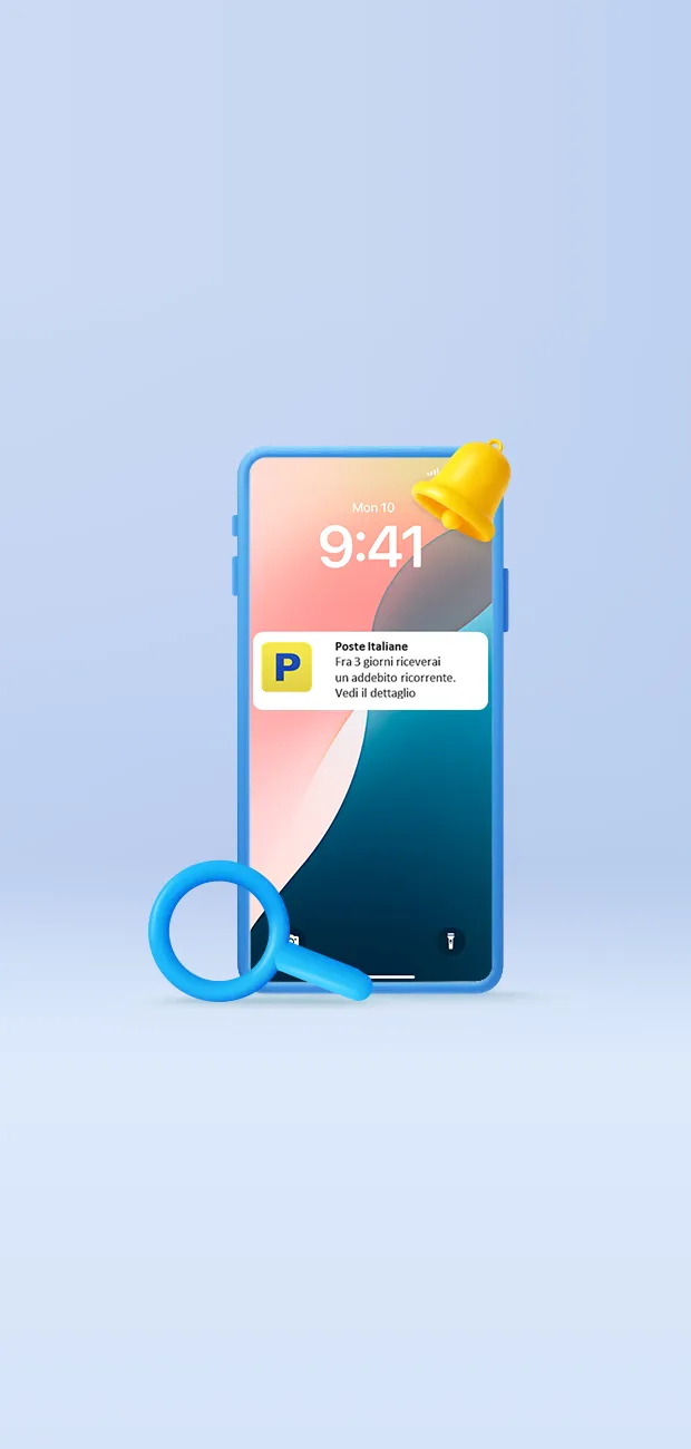 Immagine smartphone impostato su AppPoste Italiane e servizio di notifica