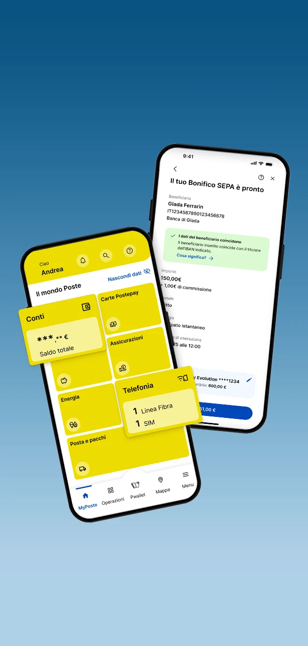 Schermi di due smartphone con focus sulla sezione dei bonifici in App Poste Italiane 