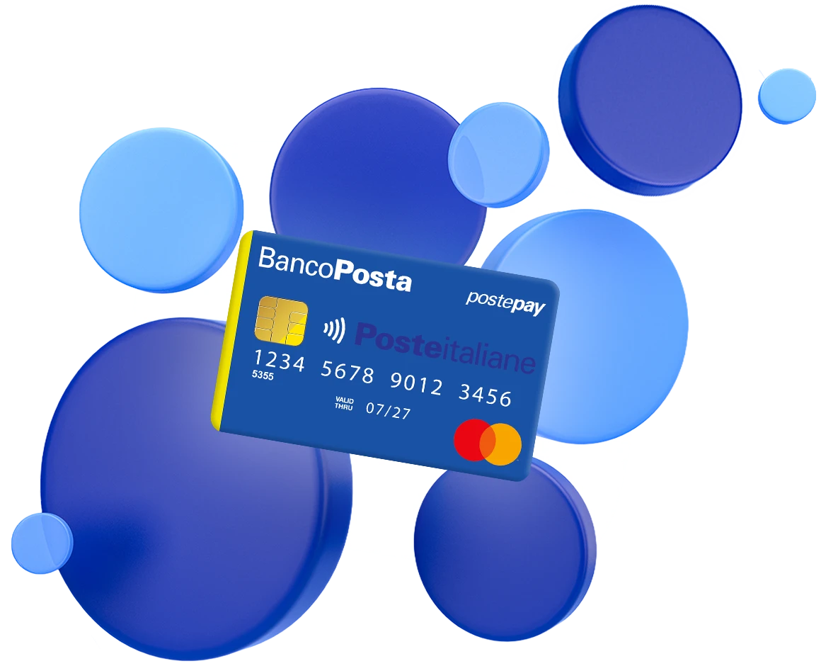 Immagine con carta del conto BancoPosta in evidenza su sfondo di pedine giganti blu