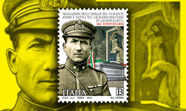 Un francobollo dedicato alla traslazione delle spoglie del T.V.M.O.V.M. Andrea Bafile nel Sacrario militare di Guardiagrele, nel 100° anniversario