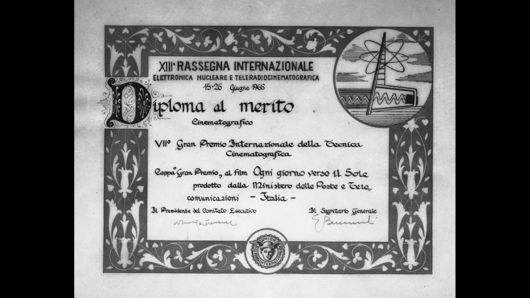 Diploma al merito assegnato al Centro Cinematografico delle Poste