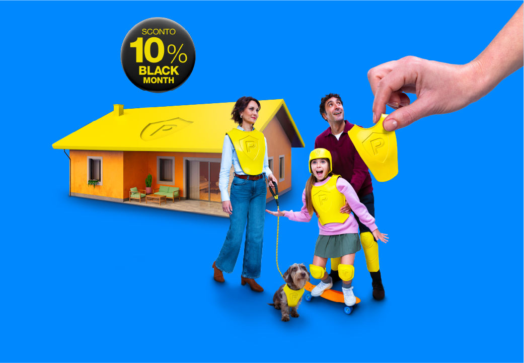 una famiglia protetta da uno scudo con casa sullo sfondo