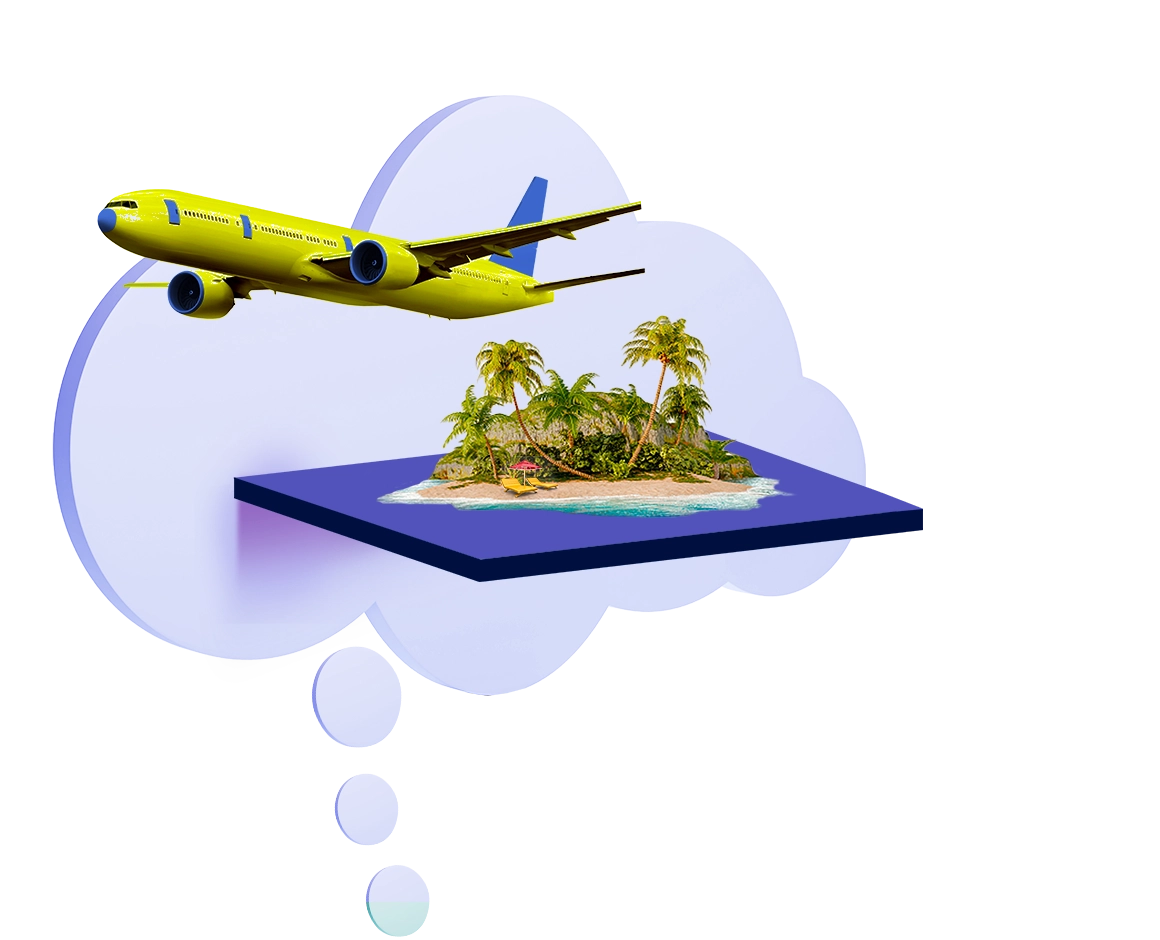 Un aereo spicca il volo da un'isola all'interno della nuvoletta di un pensiero