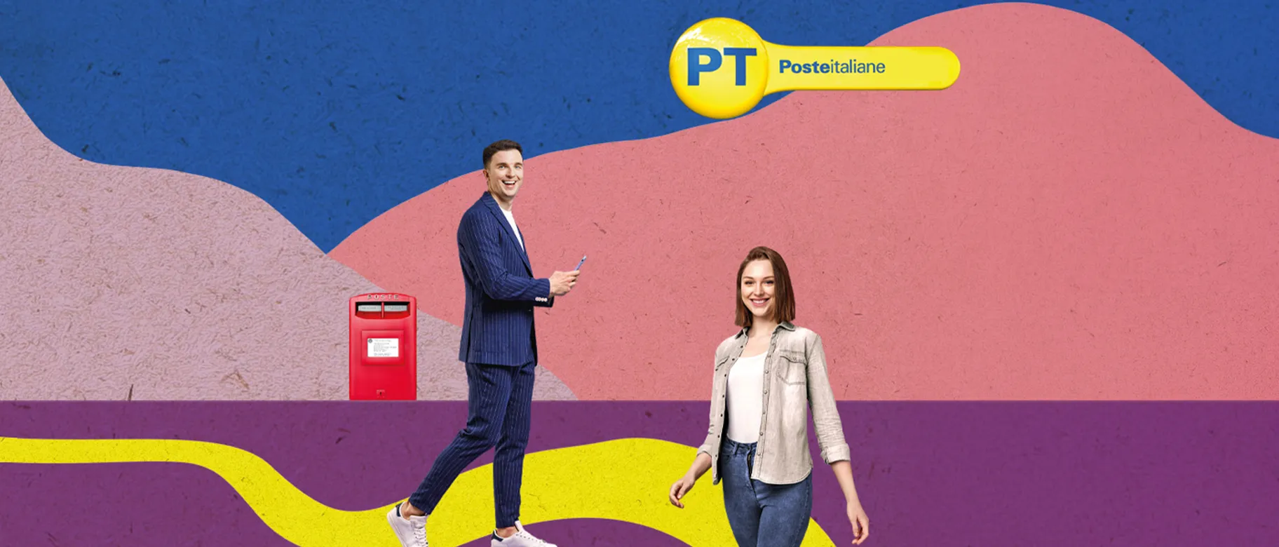 Persone su sfondo colorato e logo Poste Italiane