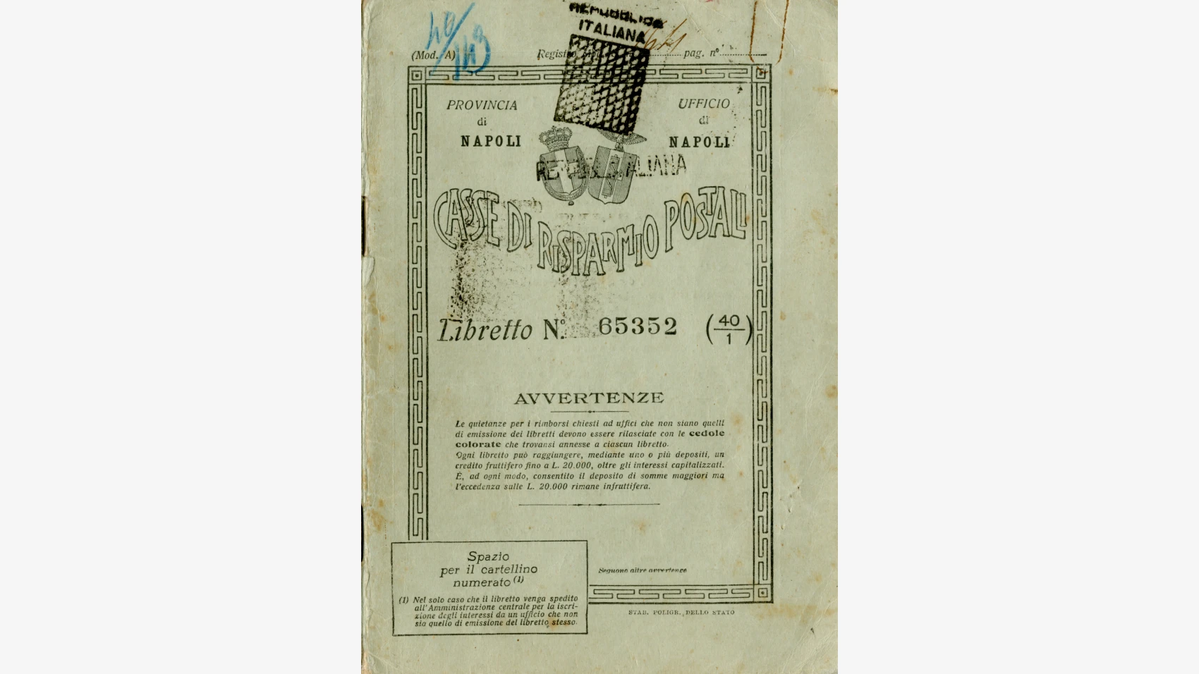 Libretto di risparmio postale emesso a Napoli nel 1929