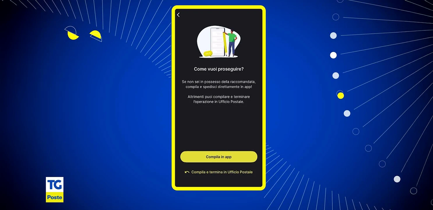 Schermata di App Poste Italiane con focus sull'invio di una Raccomandata online su sfondo blu