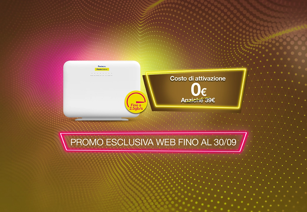 Un modem bianco con la scritta Promo esclusiva web fino al 30/09 - Costo di attivazione 0€ anziché 39€