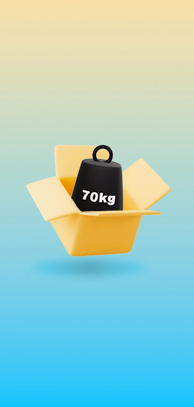 Pacco giallo con un peso e la scritta 70 kg