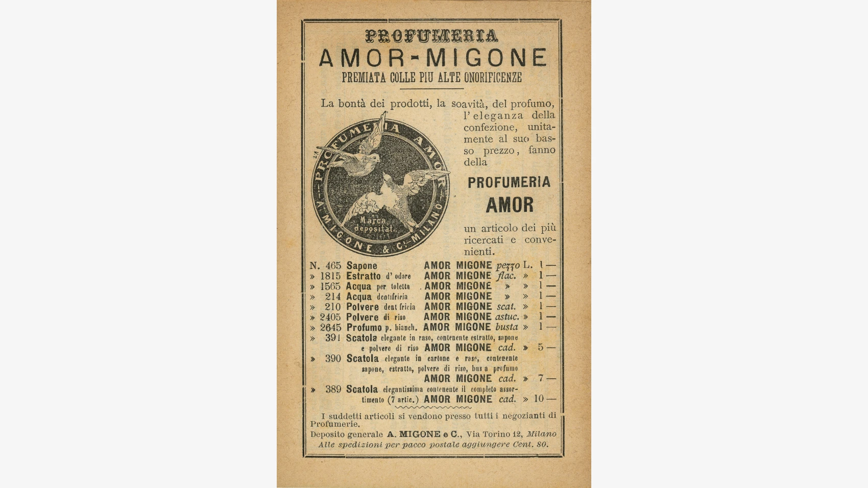 Pubblicità sul calendario postale sulla profumeria amor-migone