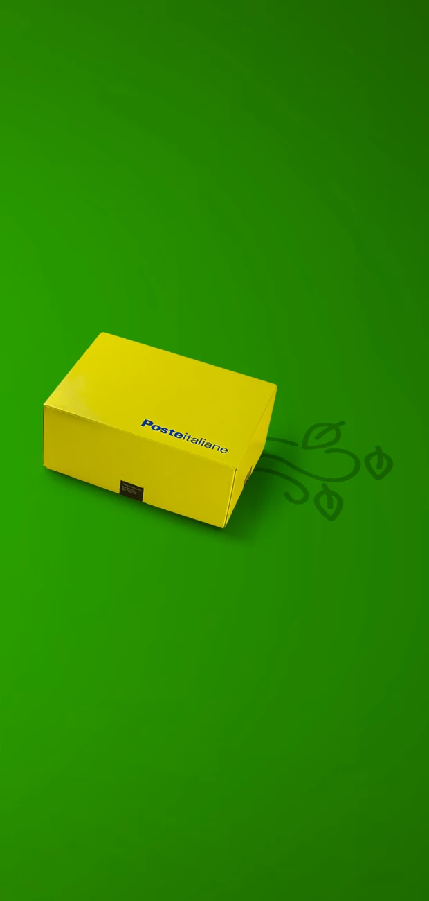 Pacco giallo su sfondo verde con una grafica che rappresenta foglie e vento