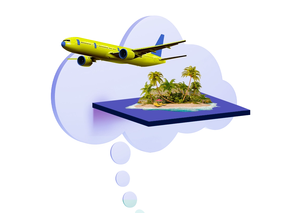 Un aereo spicca il volo da un'isola all'interno della nuvoletta di un pensiero