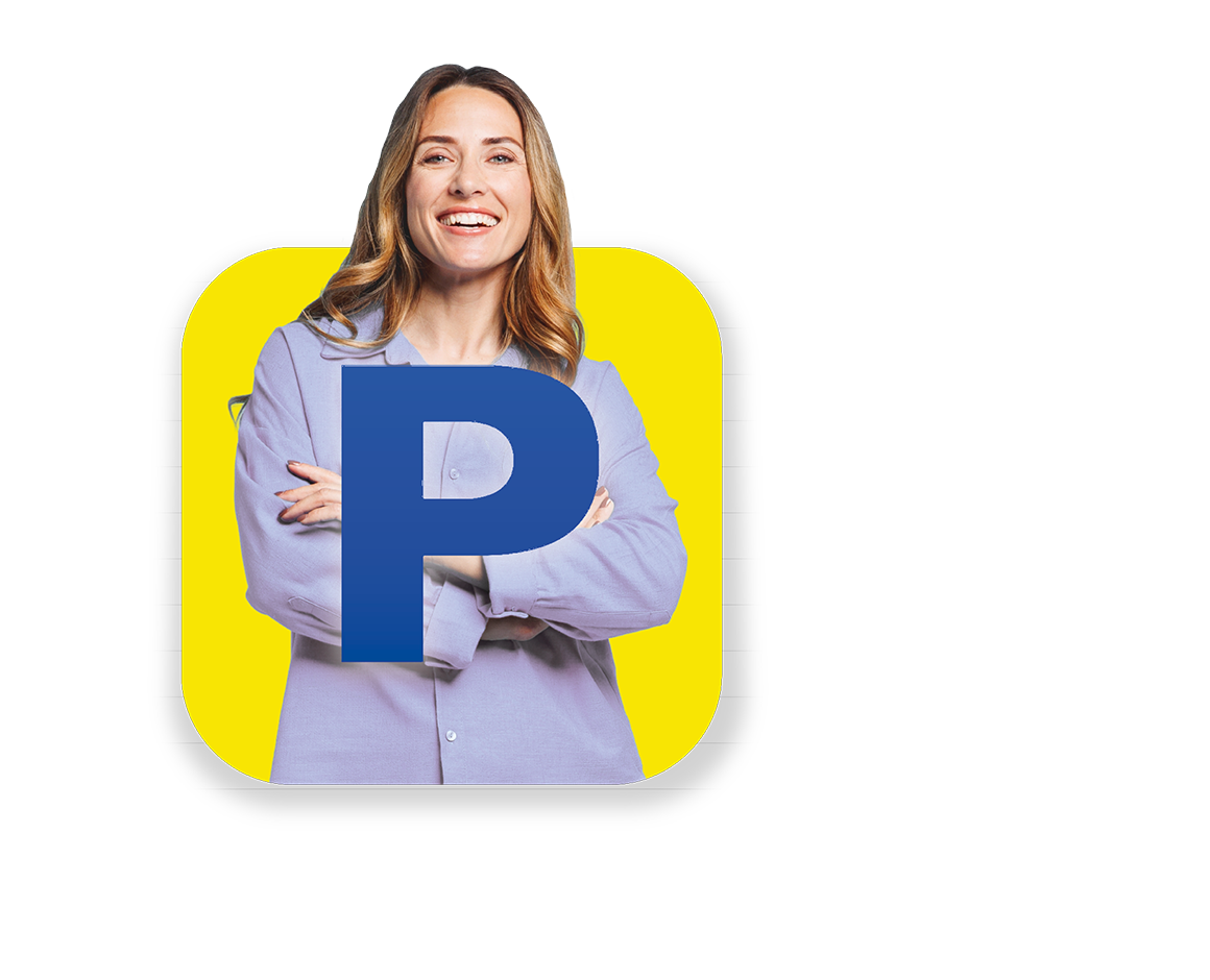 Donna sullo sfondo del launcher di App Poste Italiane giallo e blu