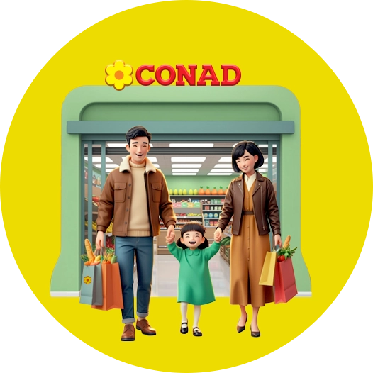 Immagine famiglia felice che esce da punto vendita Conad con buste della spesa