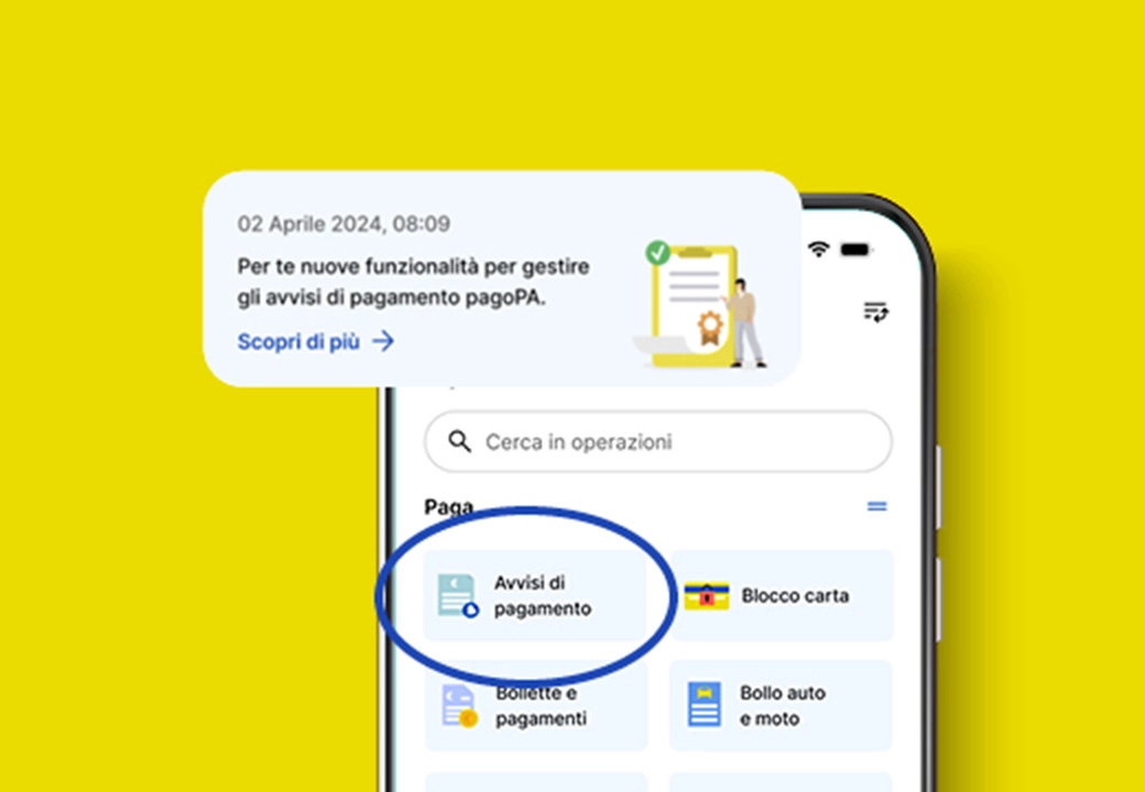 Immagine smartphone con evidenza servizio Avvisi di Pagamento