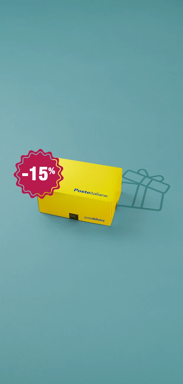 Pacco giallo su sfondo azzurro con bollino che indica uno sconto del 15%
