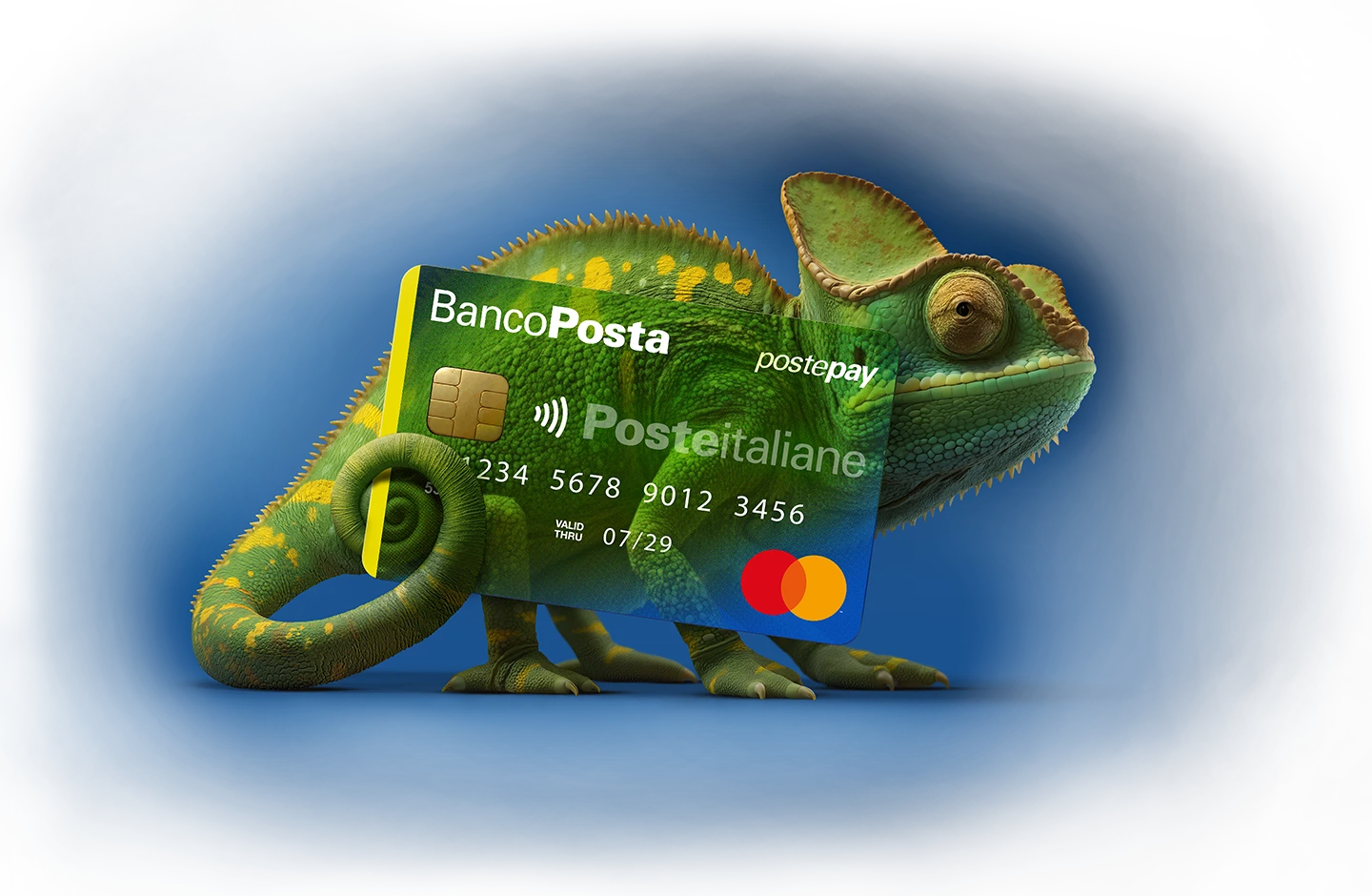 camaleonte con carta postamat mimetizzata