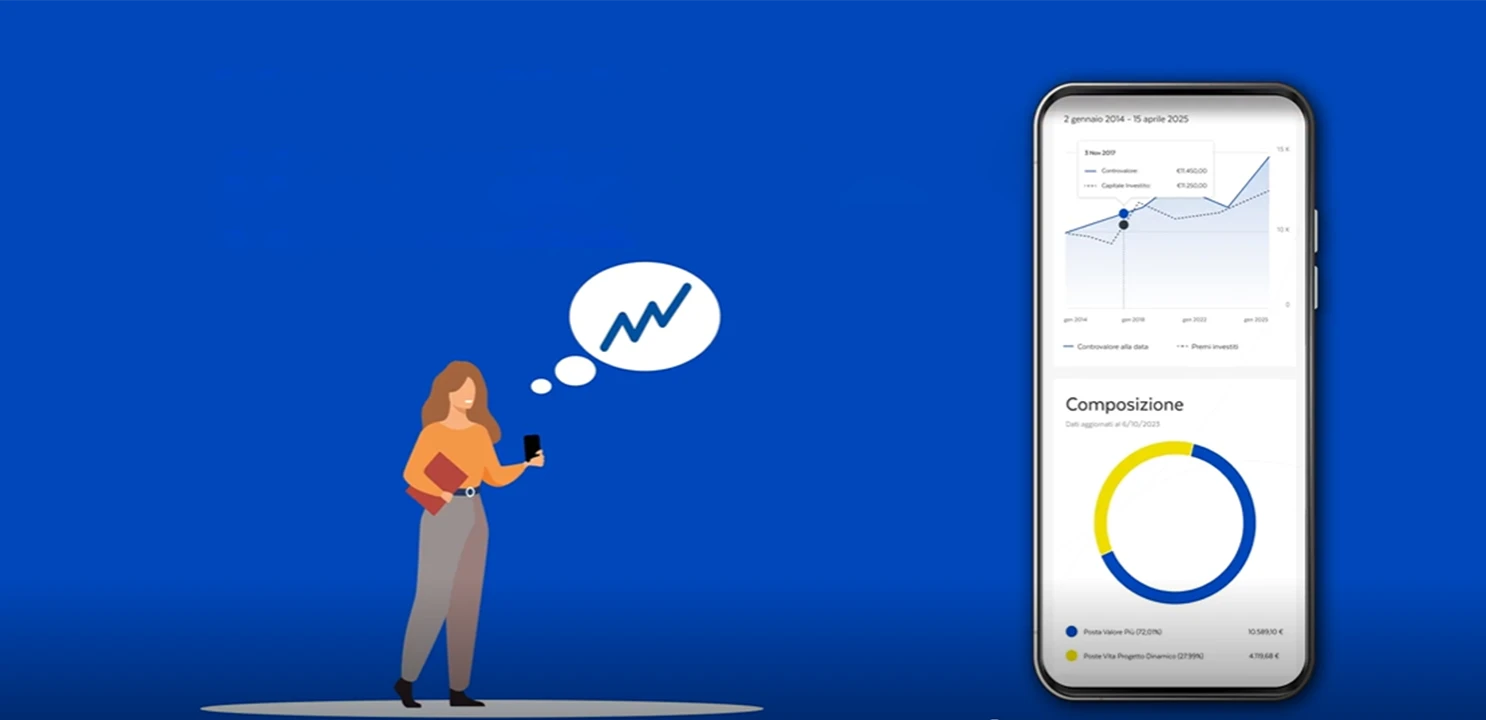 Donna con un cellulare in mano su sfondo blu