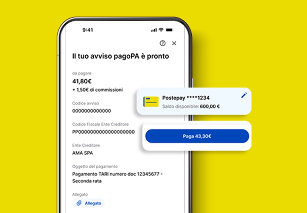 Immagine smartphone con App Poste Italiane aperta su pagamento Avviso di Pagamento pagoPA