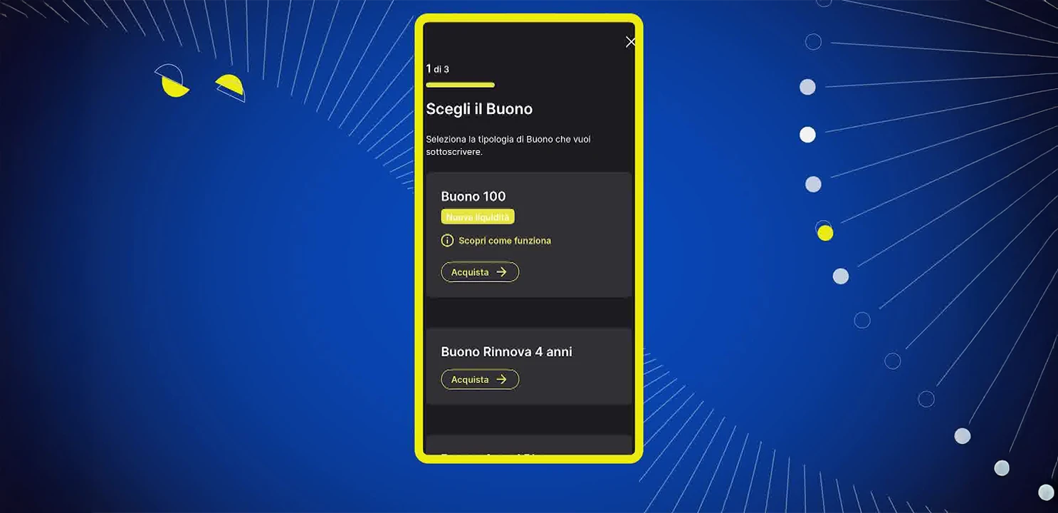 Schermata App Poste Italiane con dettaglio card Buono 100 su sfondo blu