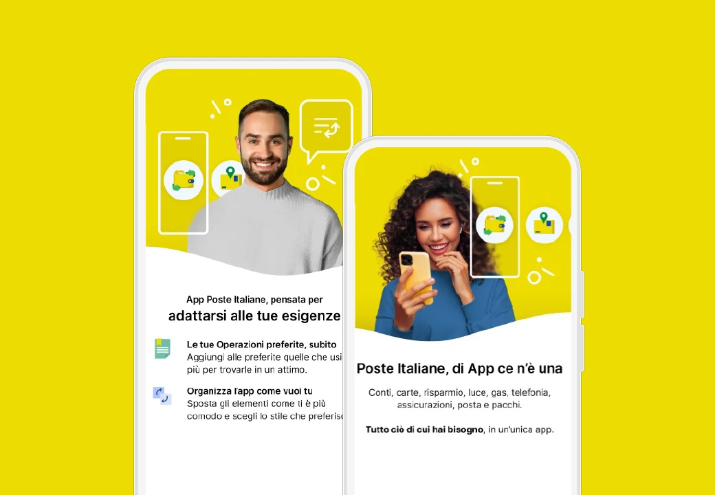 Sezione dell'App Poste Italiane su sfondo giallo
