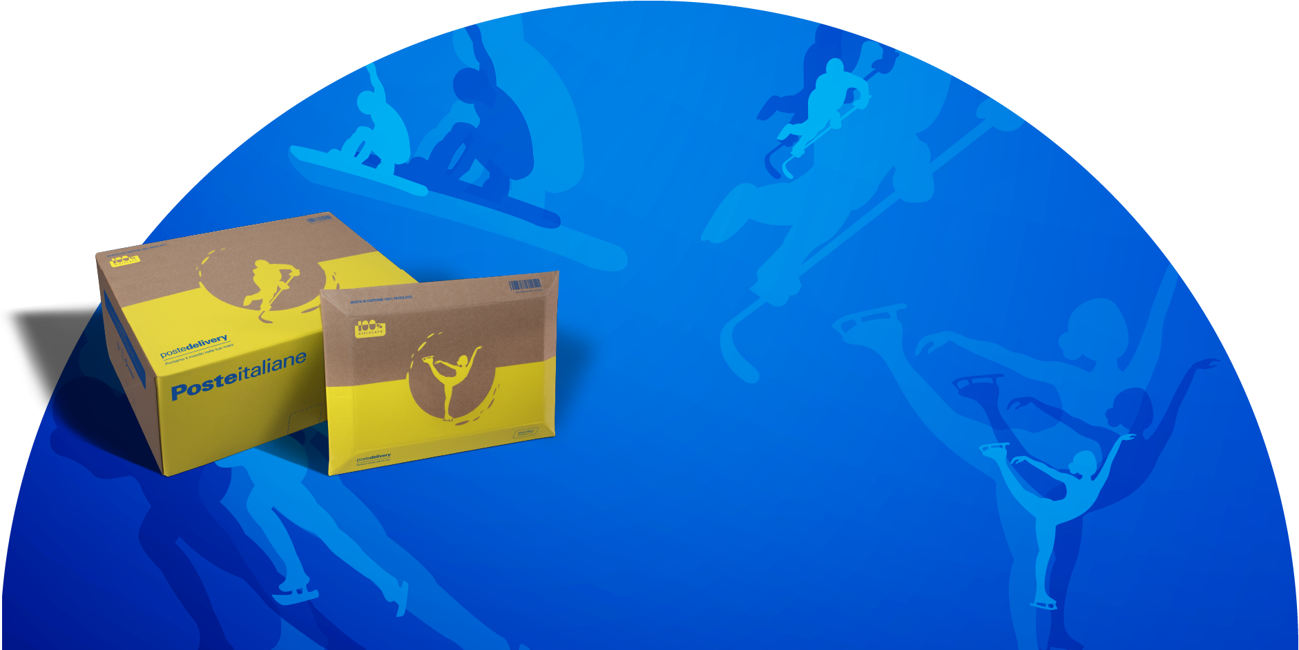 Buste e scatole gialle di Poste ispirate agli sport invernali