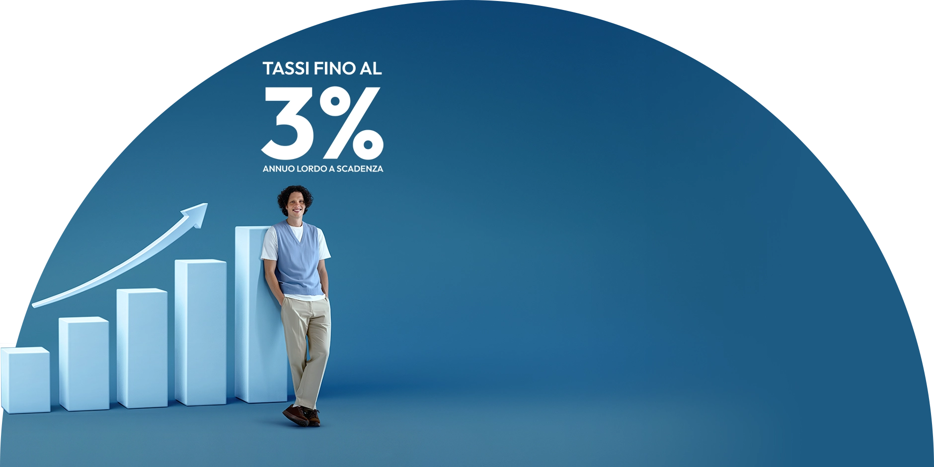 ragazzo con gileta appoggiato a grafico gigante