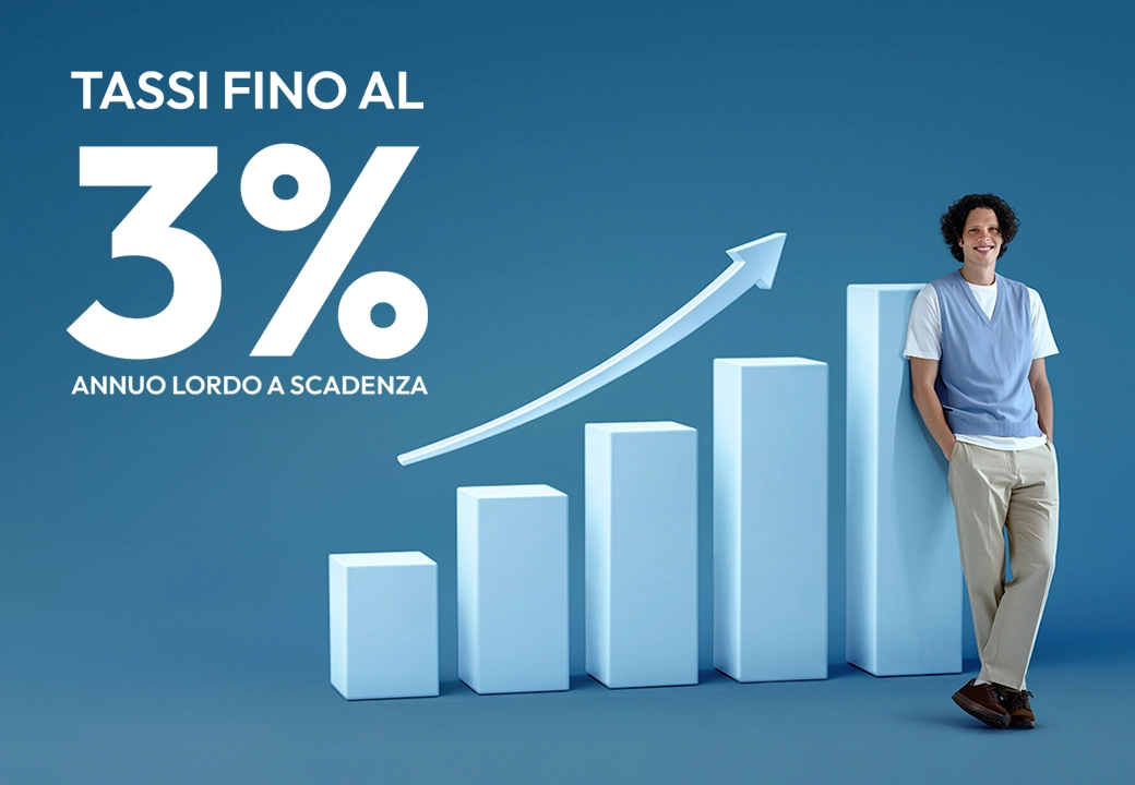 ragazzo con gilet appoggiato a grafico gigante