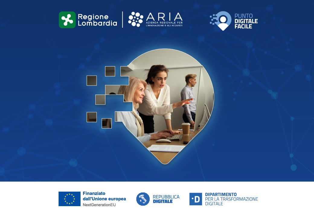 Persone al pc su sfondo blu con loghi dell'iniziativa