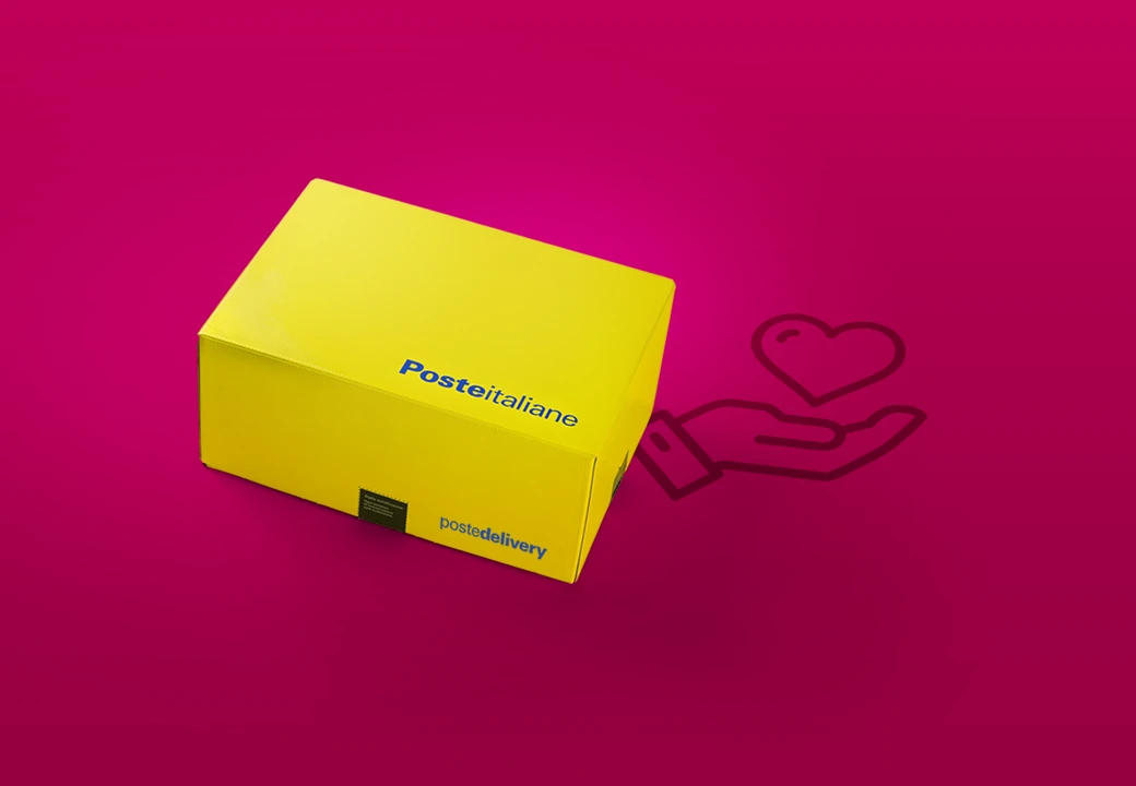 pacco giallo con icona cuore sfondo rosso